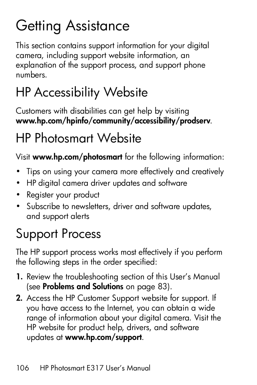 HP E317 manual Getting Assistance, HP Accessibility Website HP Photosmart Website, Support Process 