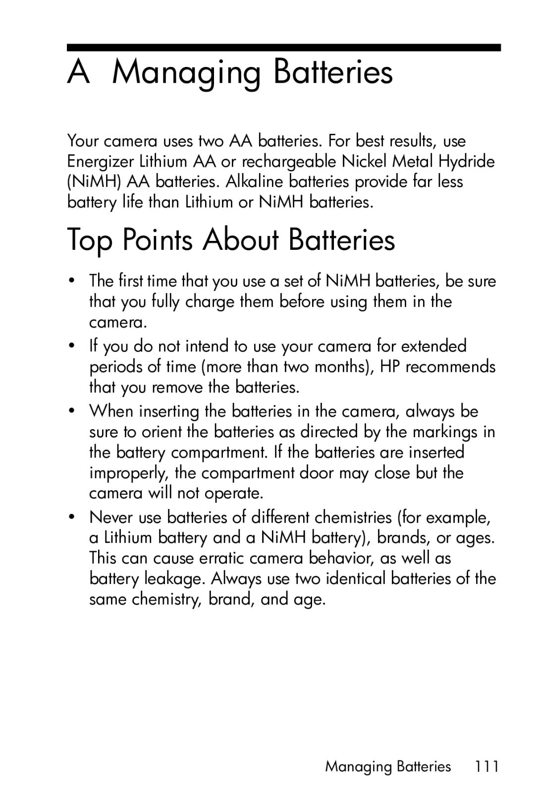 HP E317 manual Managing Batteries, Top Points About Batteries 