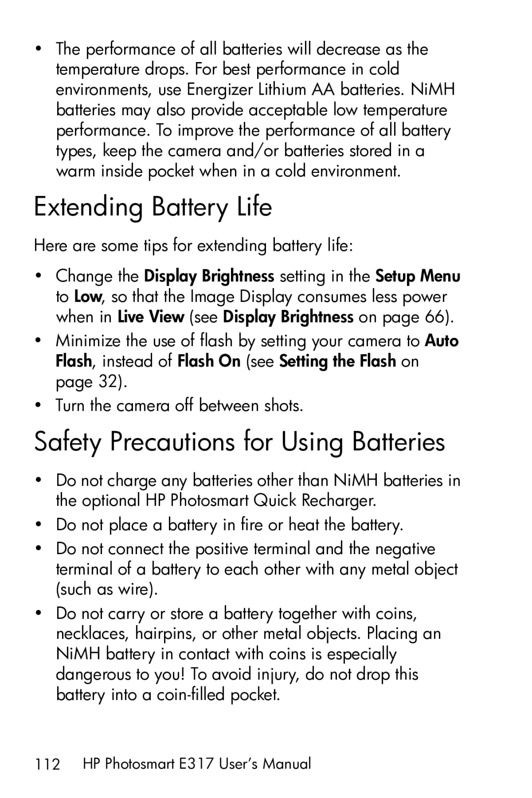 HP E317 manual Extending Battery Life, Safety Precautions for Using Batteries 