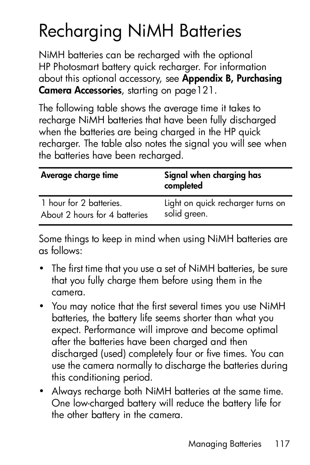 HP E317 manual Recharging NiMH Batteries 