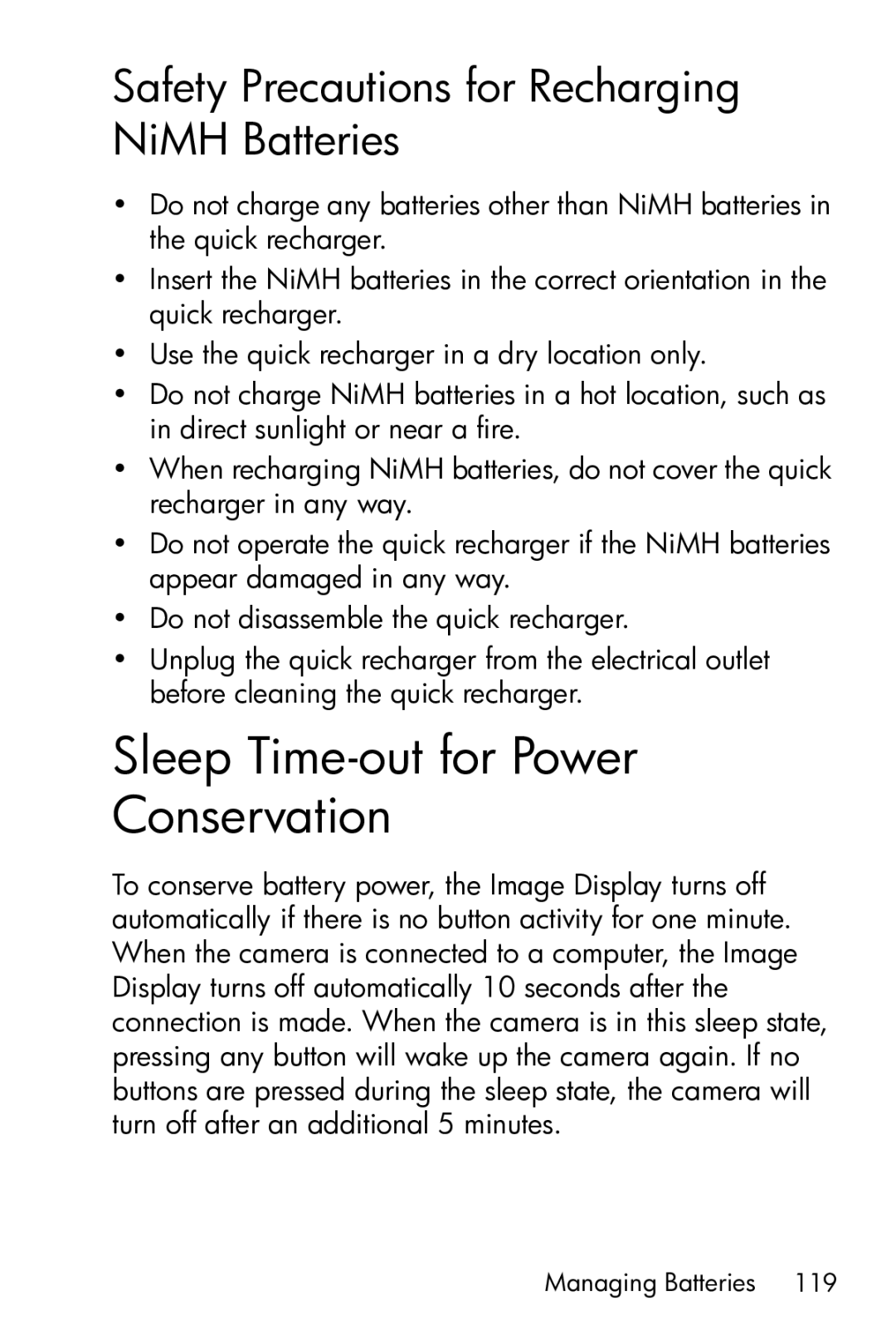 HP E317 manual Sleep Time-out for Power Conservation, Safety Precautions for Recharging NiMH Batteries 