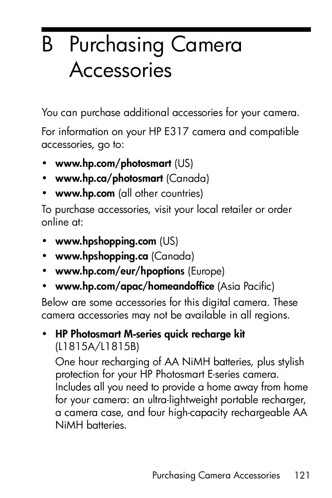 HP E317 manual Purchasing Camera Accessories 