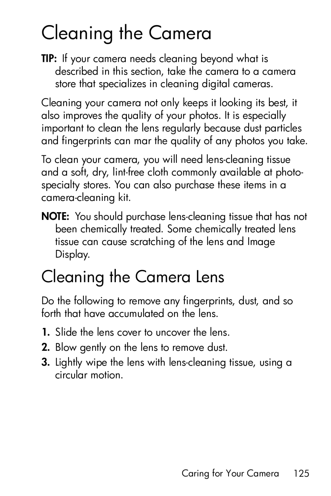 HP E317 manual Cleaning the Camera Lens 