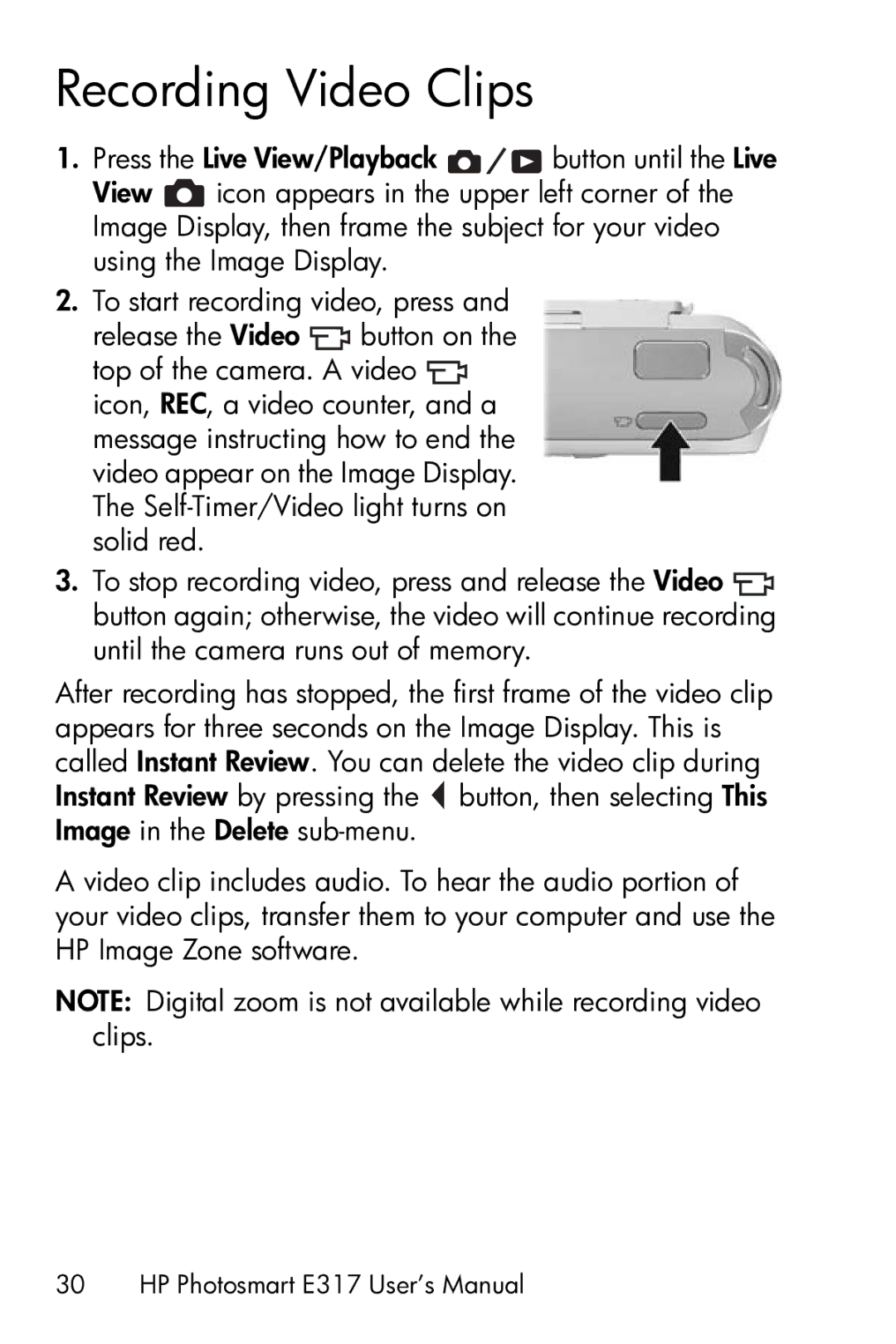 HP E317 manual Recording Video Clips 