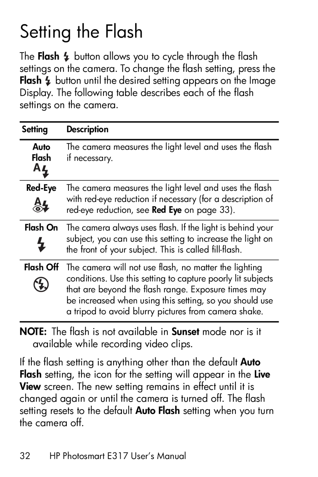 HP E317 manual Setting the Flash 