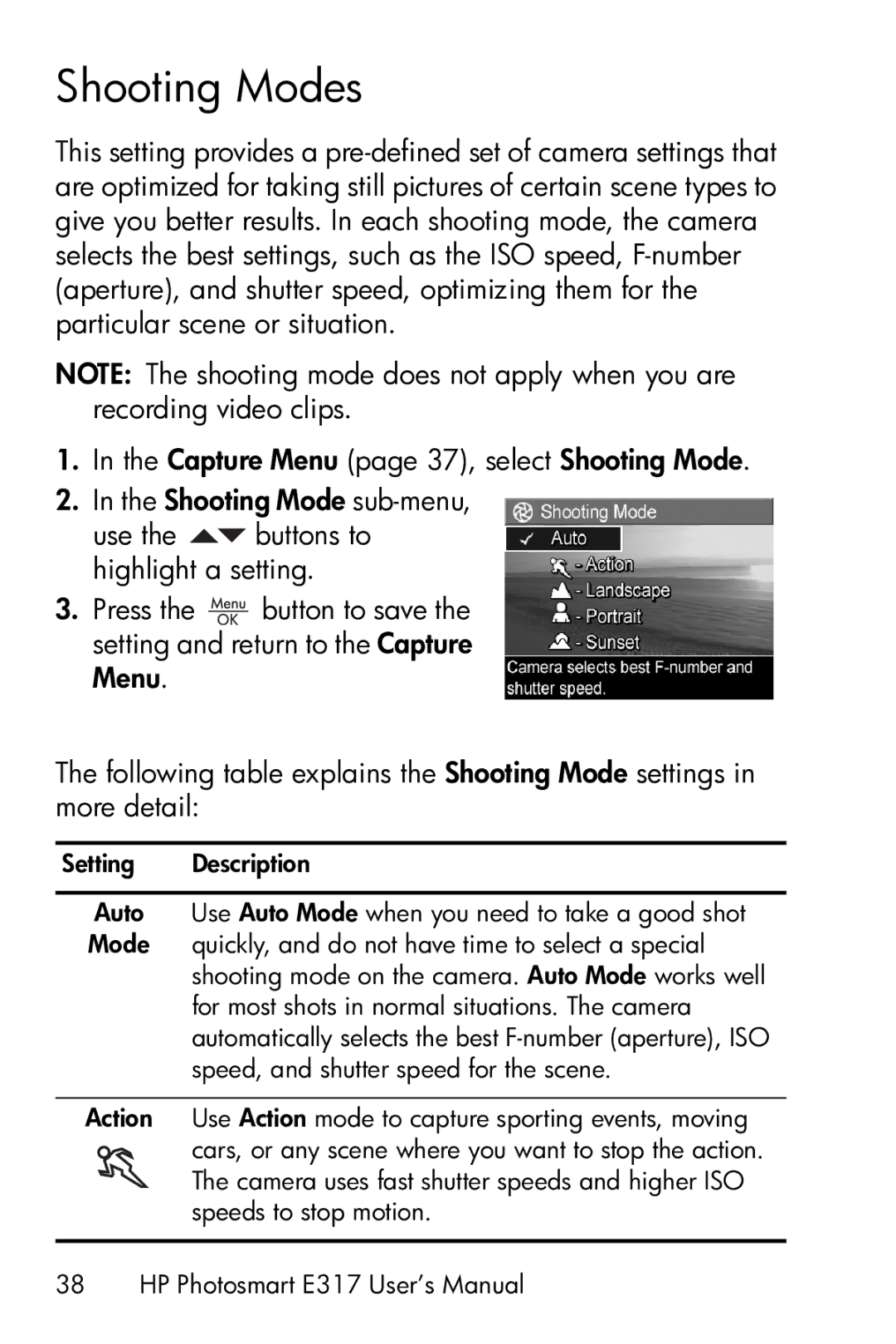 HP E317 manual Shooting Modes 