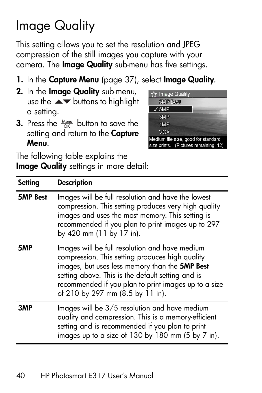 HP E317 manual Image Quality 