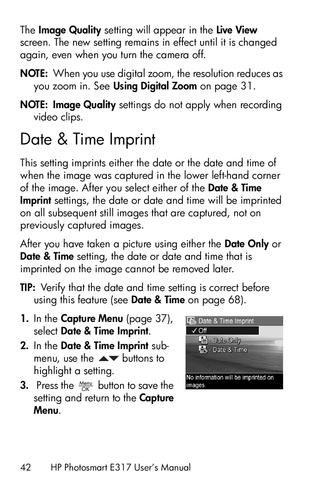 HP E317 manual Date & Time Imprint 