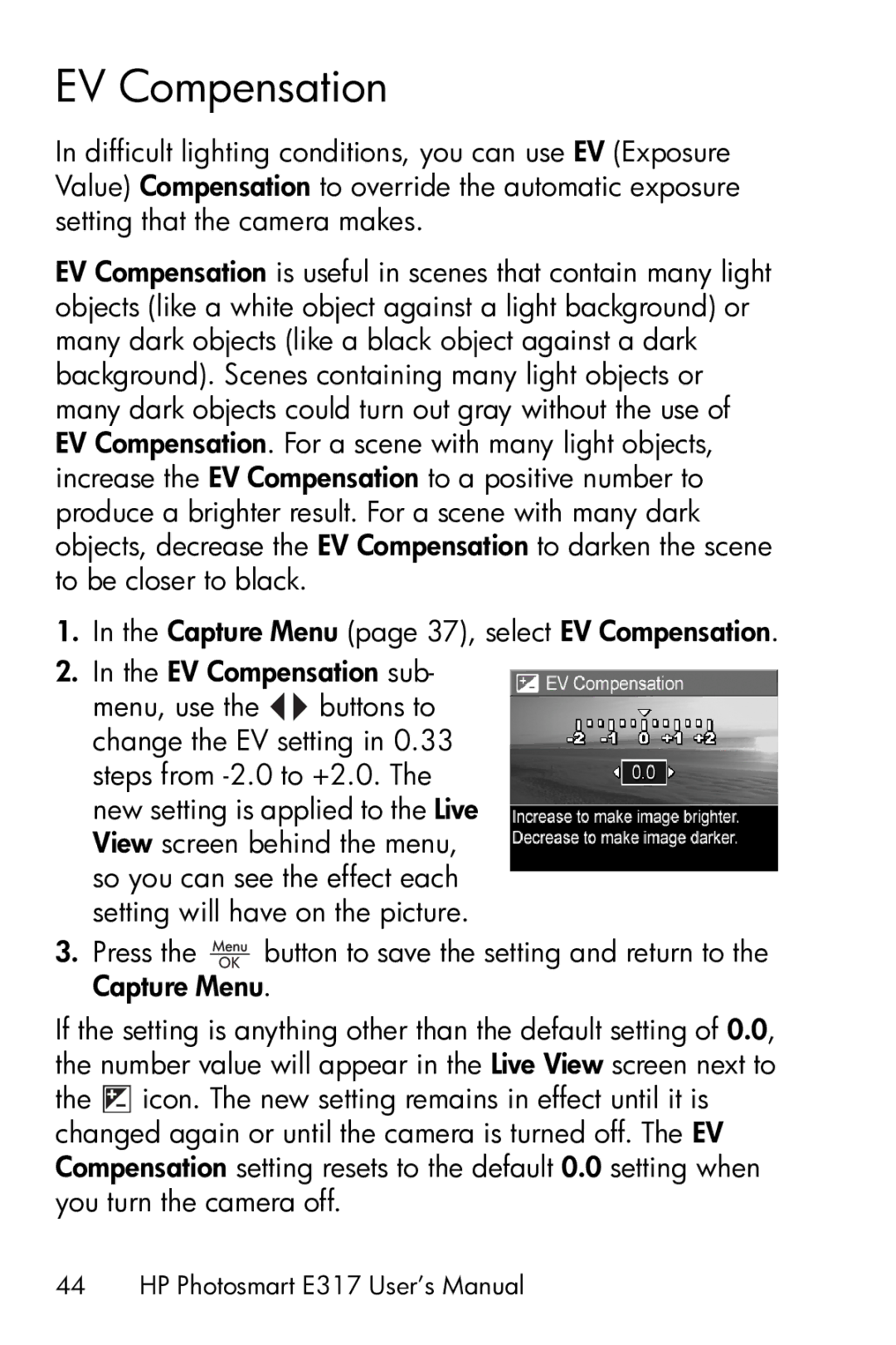 HP E317 manual EV Compensation 