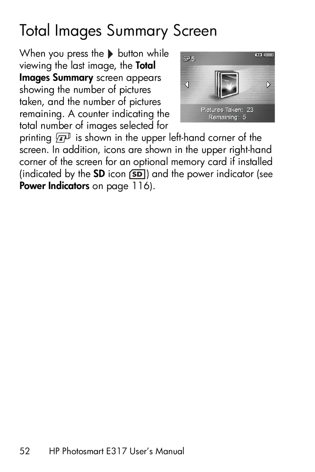 HP E317 manual Total Images Summary Screen 