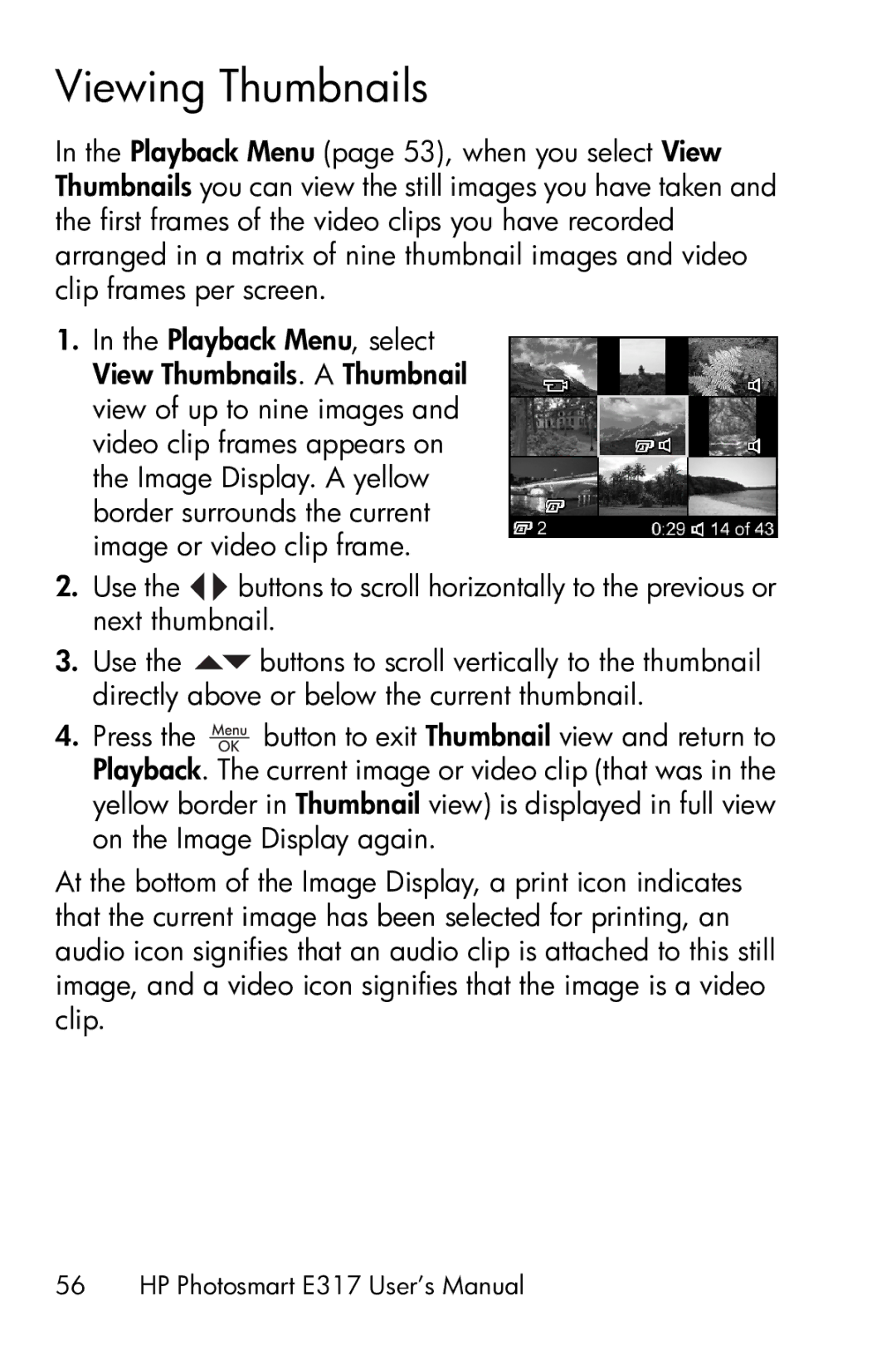 HP E317 manual Viewing Thumbnails 