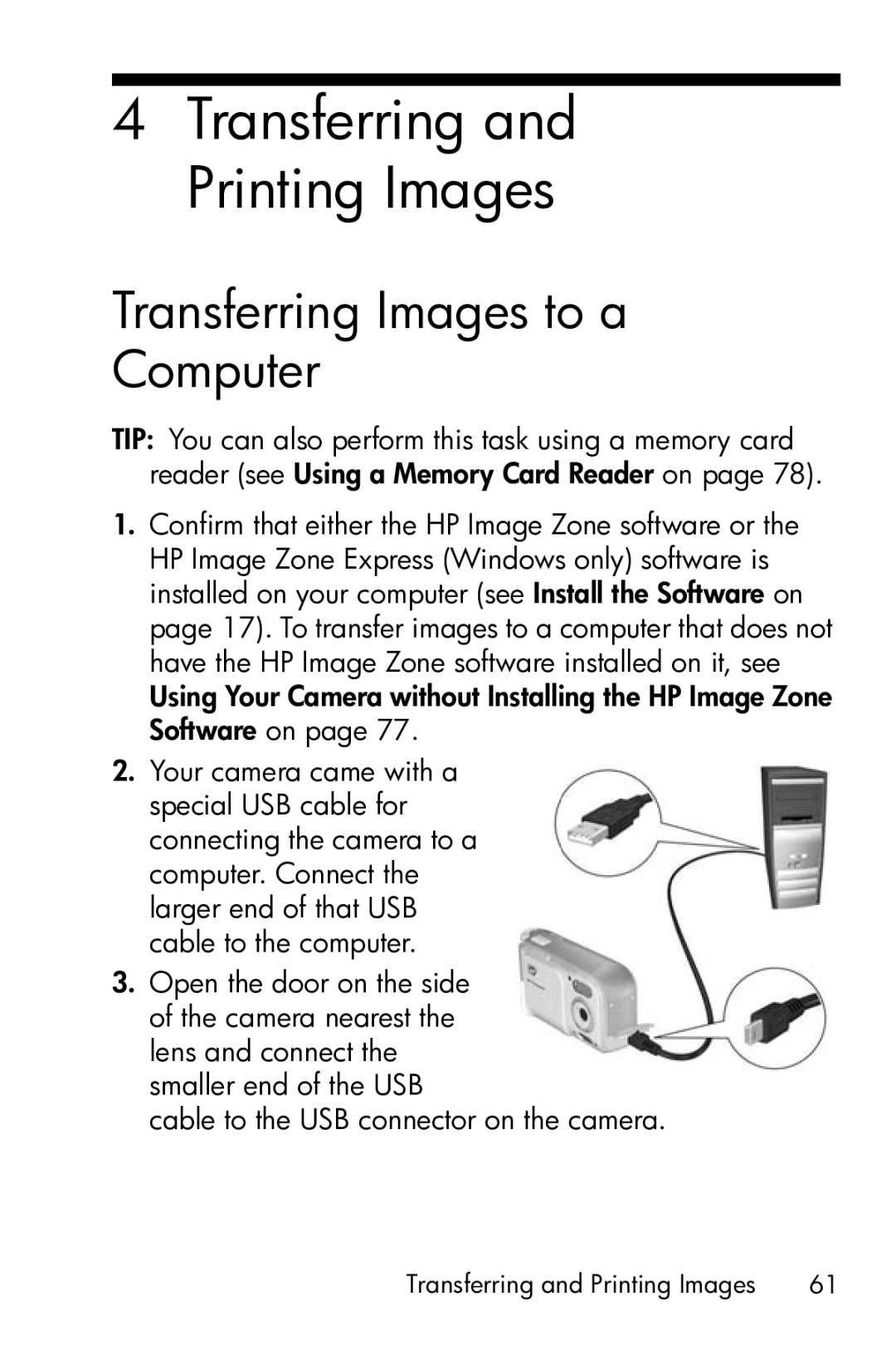 HP E317 manual Transferring and Printing Images, Transferring Images to a Computer 