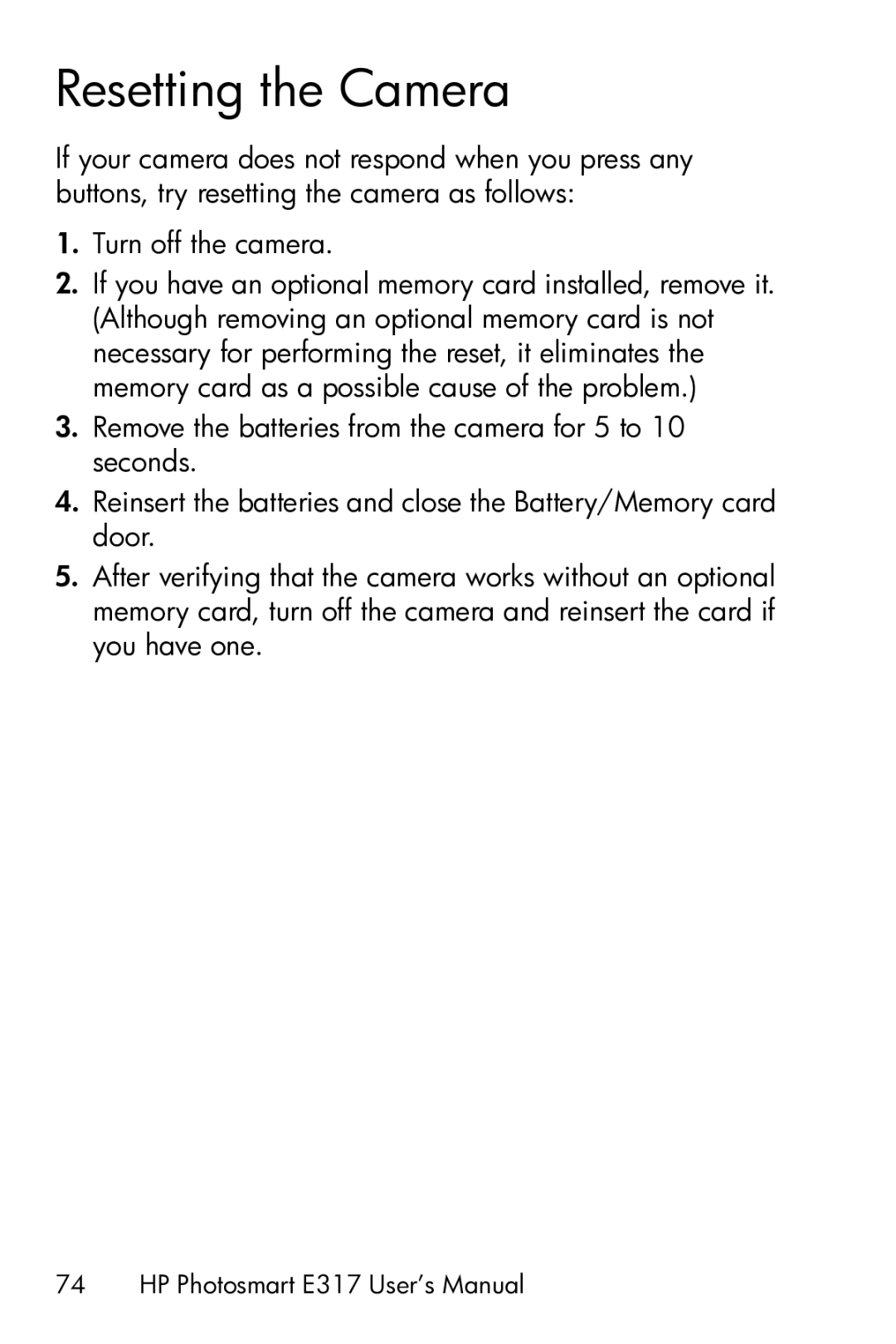 HP E317 manual Resetting the Camera 