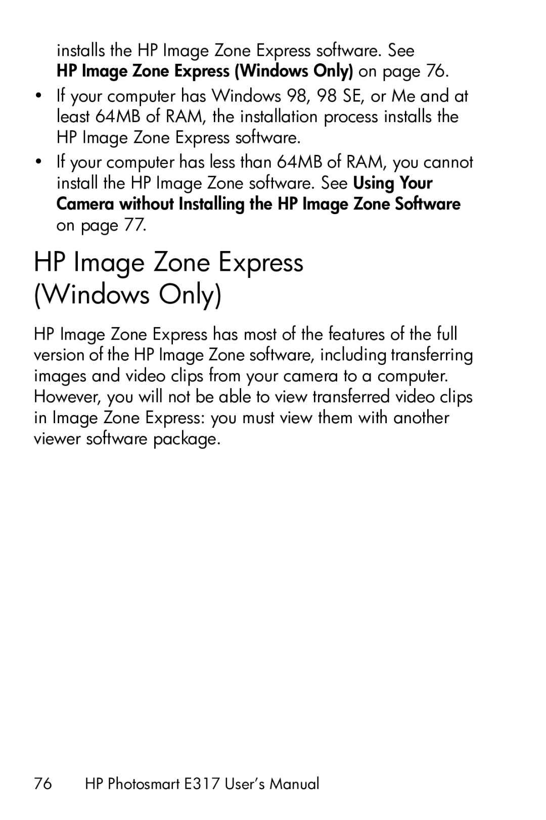 HP E317 manual HP Image Zone Express Windows Only 