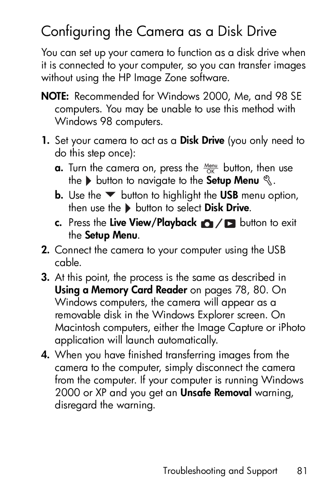 HP E317 manual Configuring the Camera as a Disk Drive 