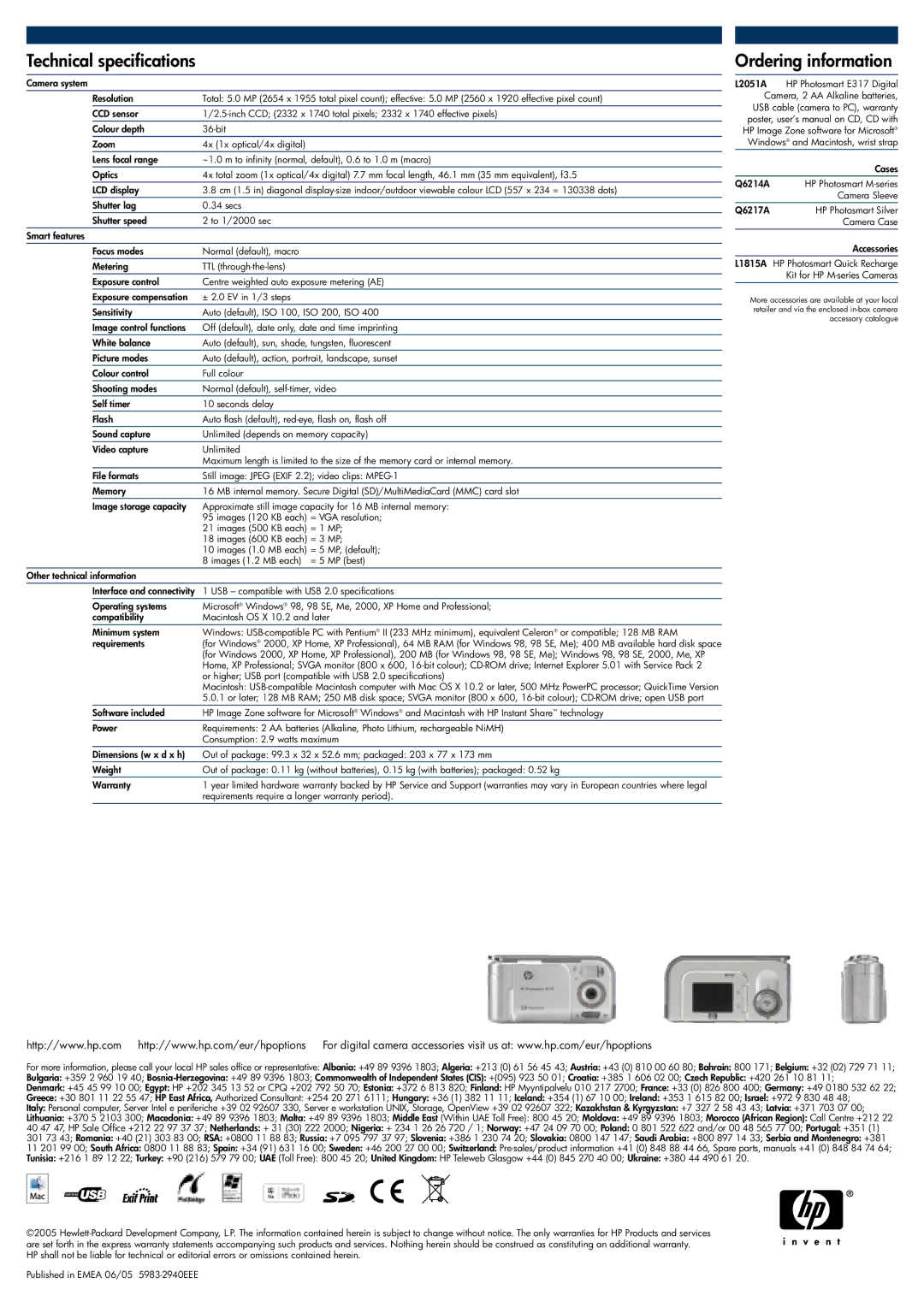 HP E317 manual Technical specifications, Ordering information 