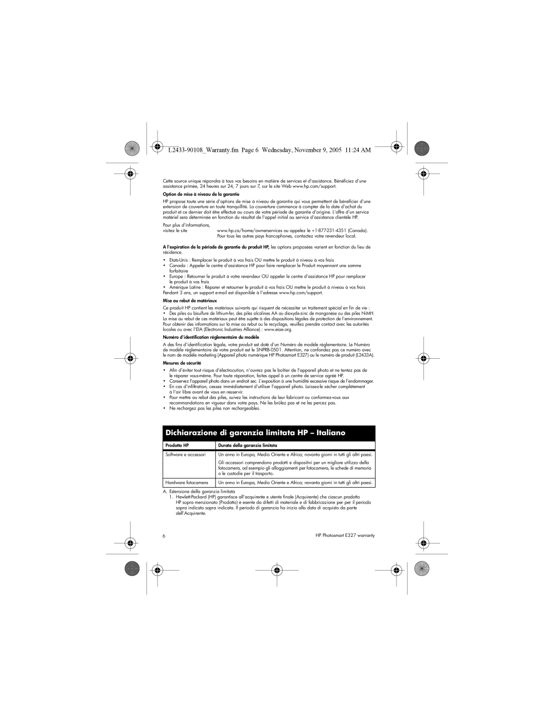 HP E327 manual Dichiarazione di garanzia limitata HP Italiano 