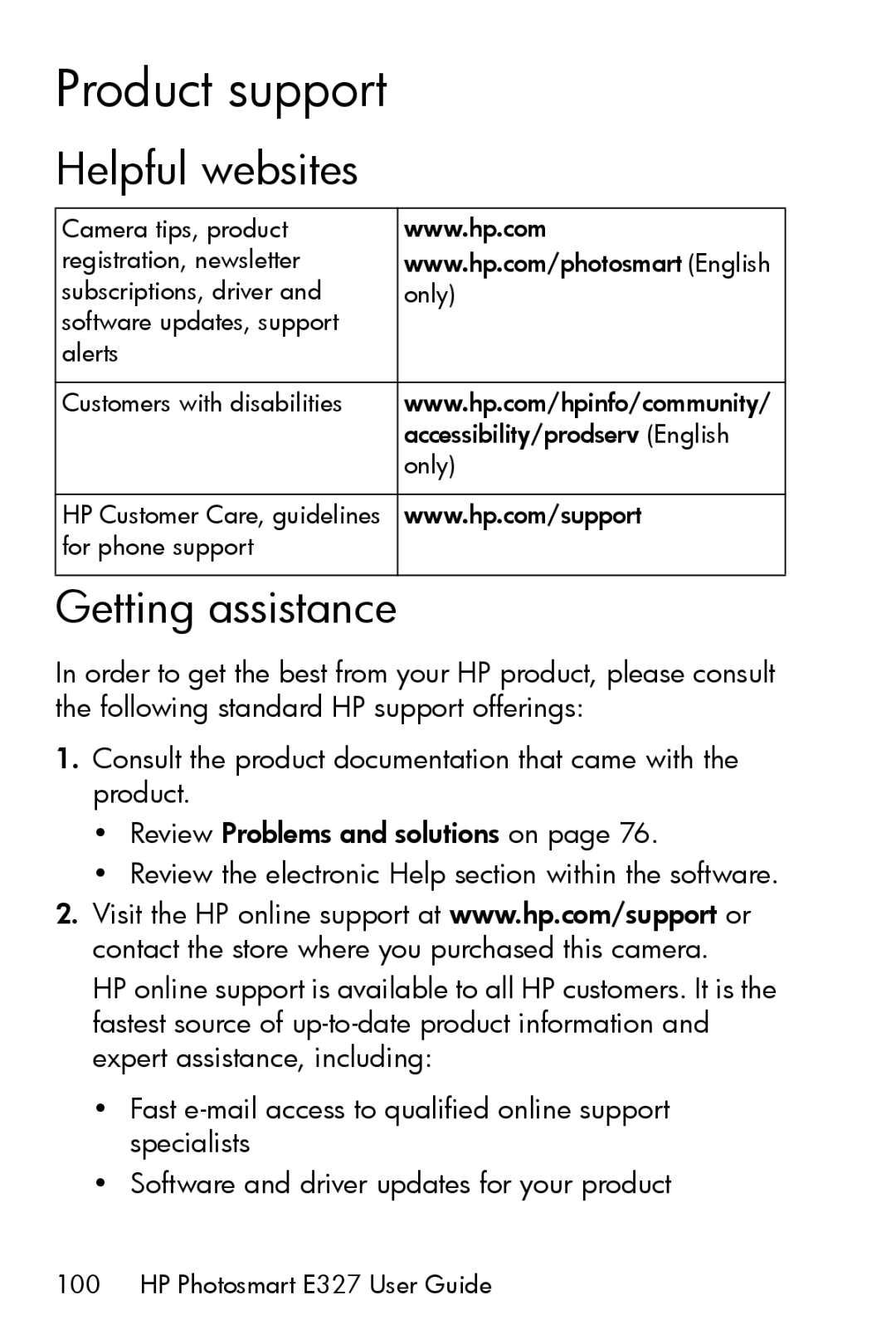 HP E327 manual Product support, Helpful websites, Getting assistance 