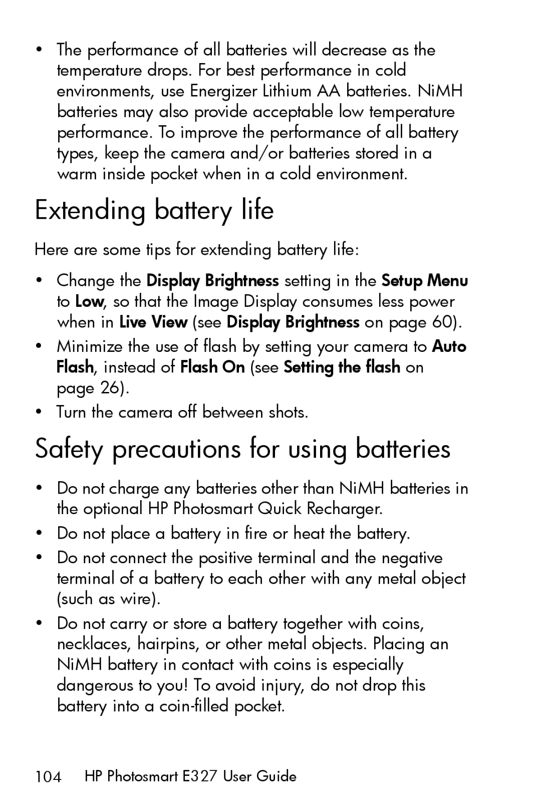 HP E327 manual Extending battery life, Safety precautions for using batteries 