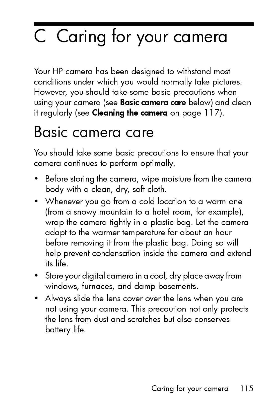 HP E327 manual Caring for your camera, Basic camera care 