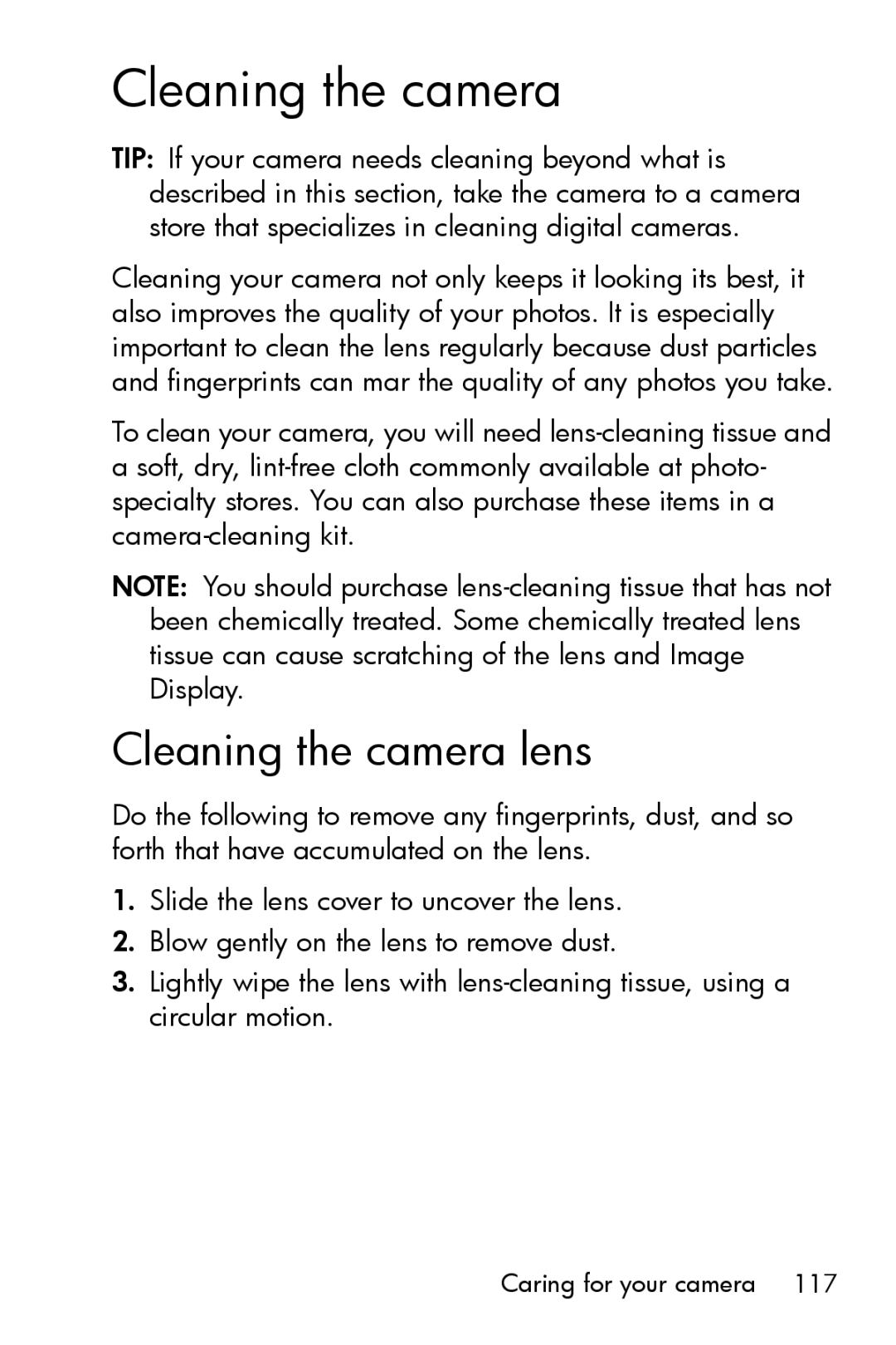 HP E327 manual Cleaning the camera lens 