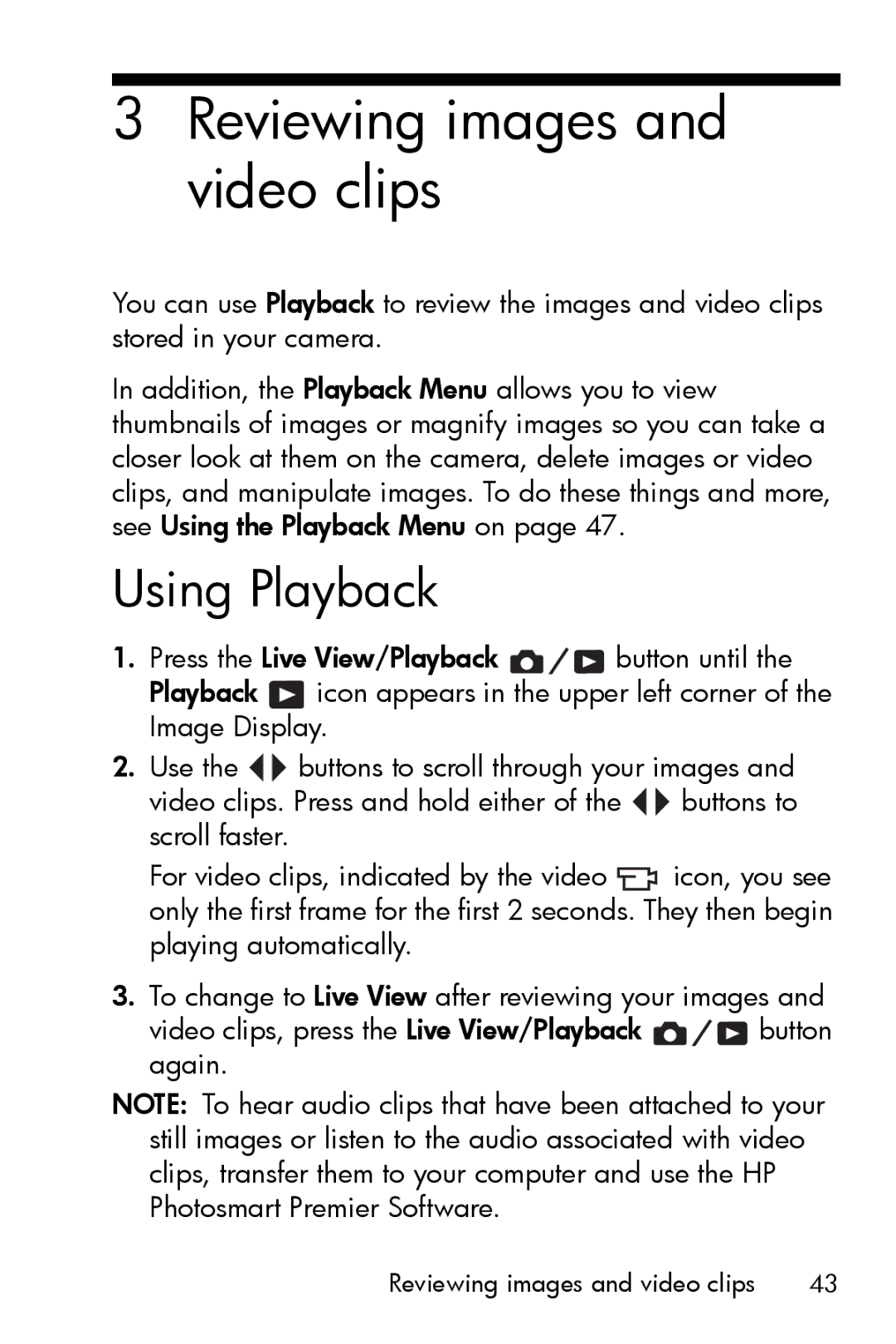 HP E327 manual Reviewing images and video clips, Using Playback 