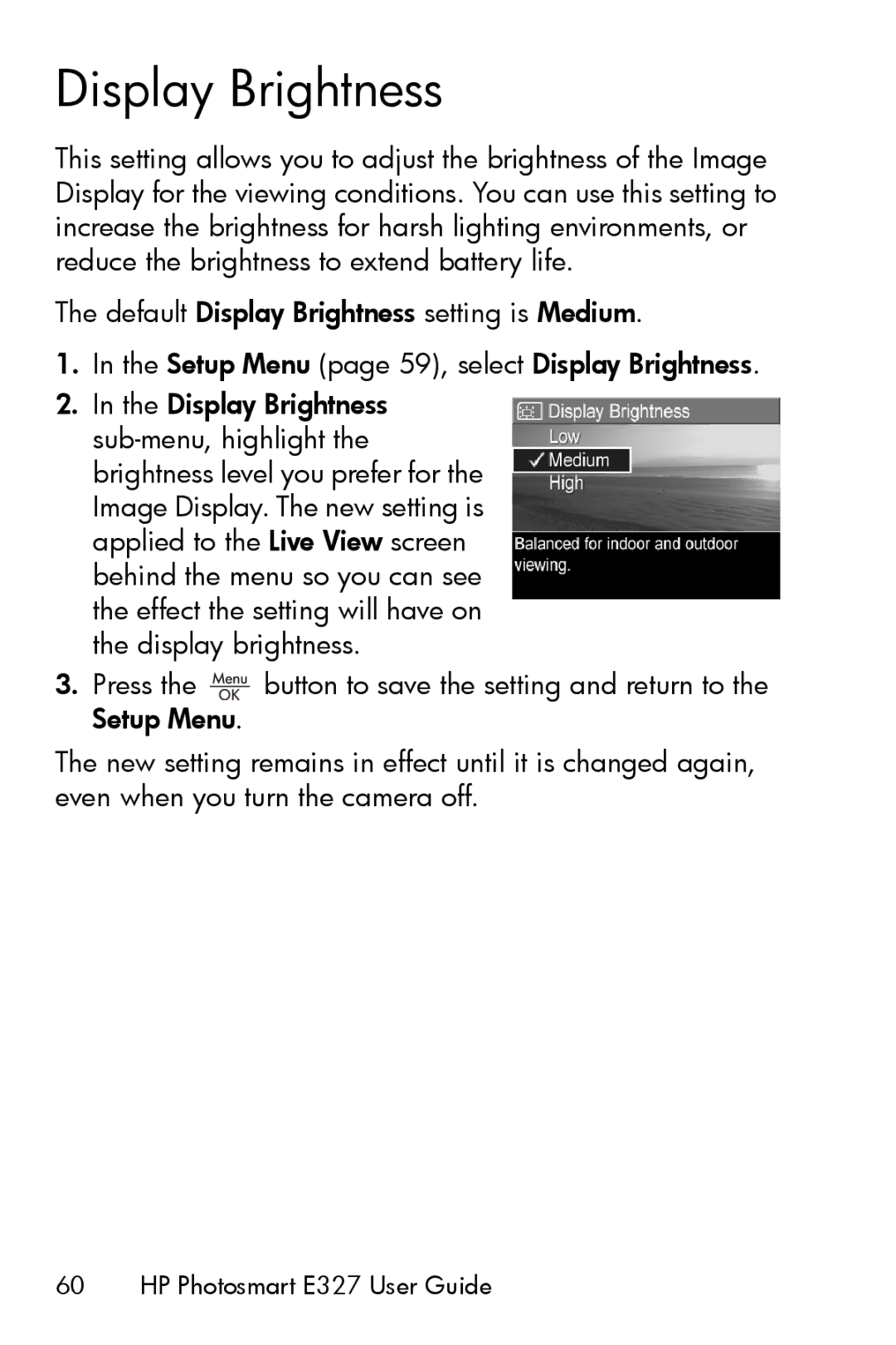 HP E327 manual Display Brightness 