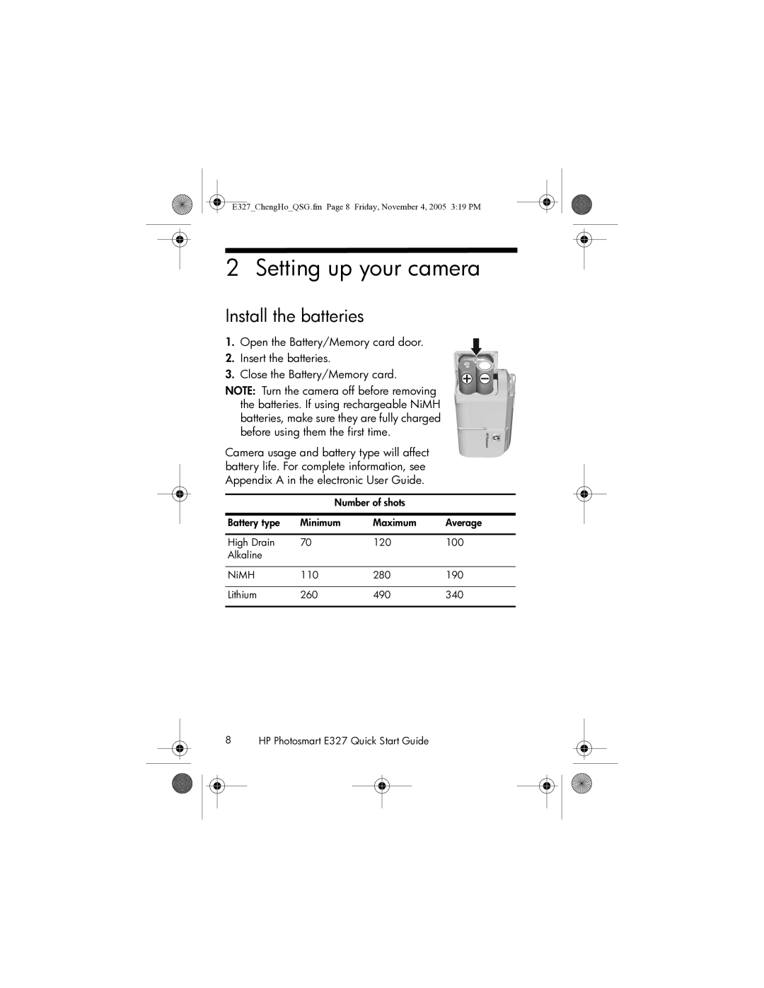 HP E327 manual Setting up your camera, Install the batteries 