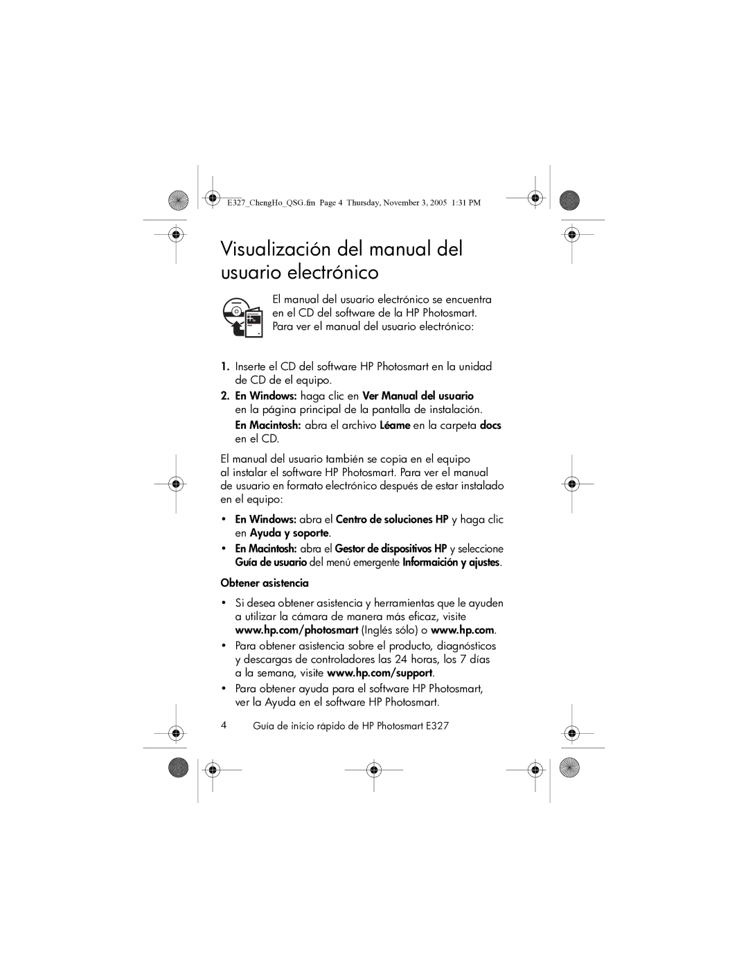 HP E327 Visualización del manual del usuario electrónico, Obtener asistencia 