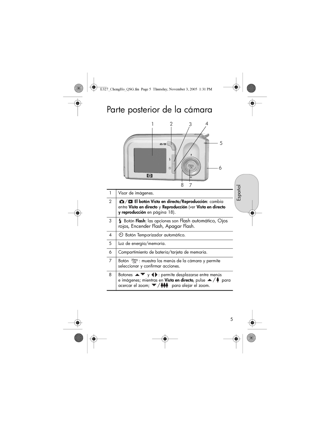 HP E327 manual Parte posterior de la cámara 