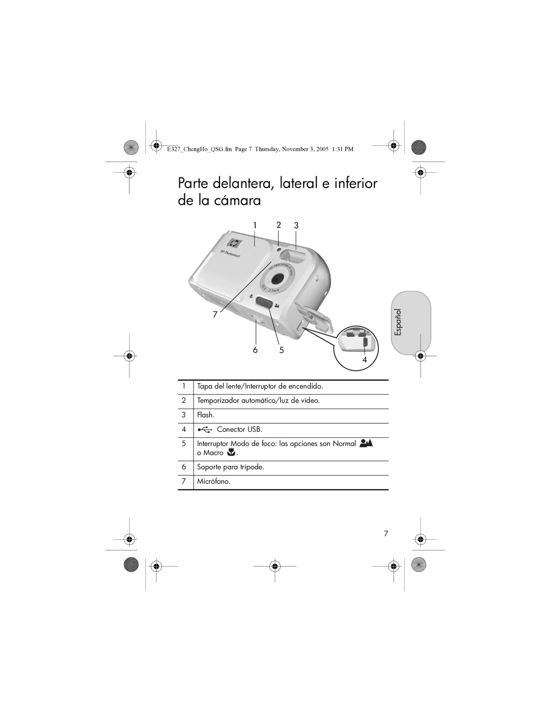 HP E327 manual Parte delantera, lateral e inferior de la cámara 