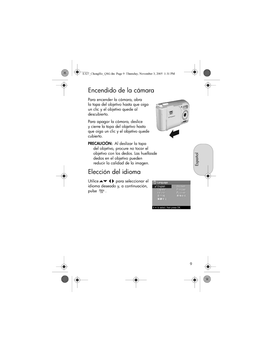 HP E327 manual Encendido de la cámara, Elección del idioma 