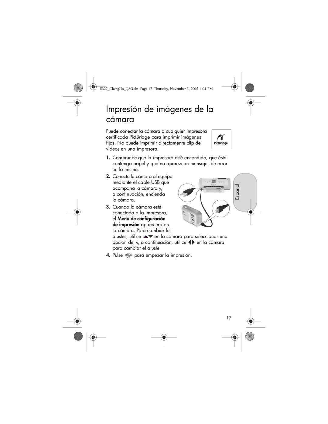 HP E327 manual Impresión de imágenes de la cámara, Continuación, encienda la cámara 