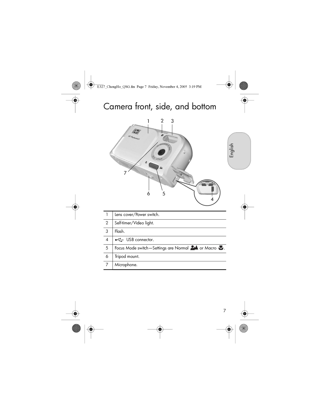 HP E327 manual Camera front, side, and bottom, English 