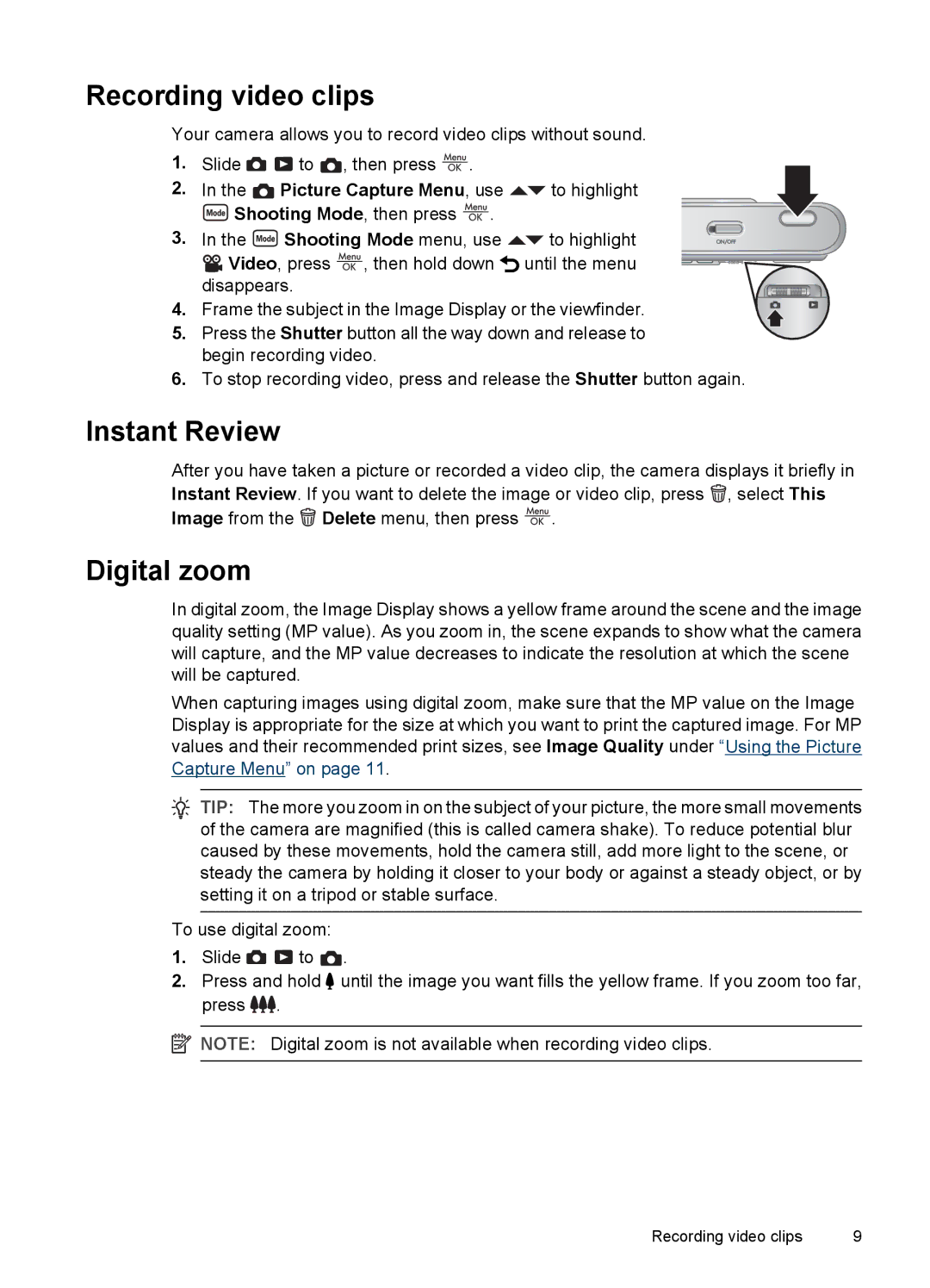 HP E330 manual Recording video clips, Instant Review, Digital zoom, Shooting Mode, then press 