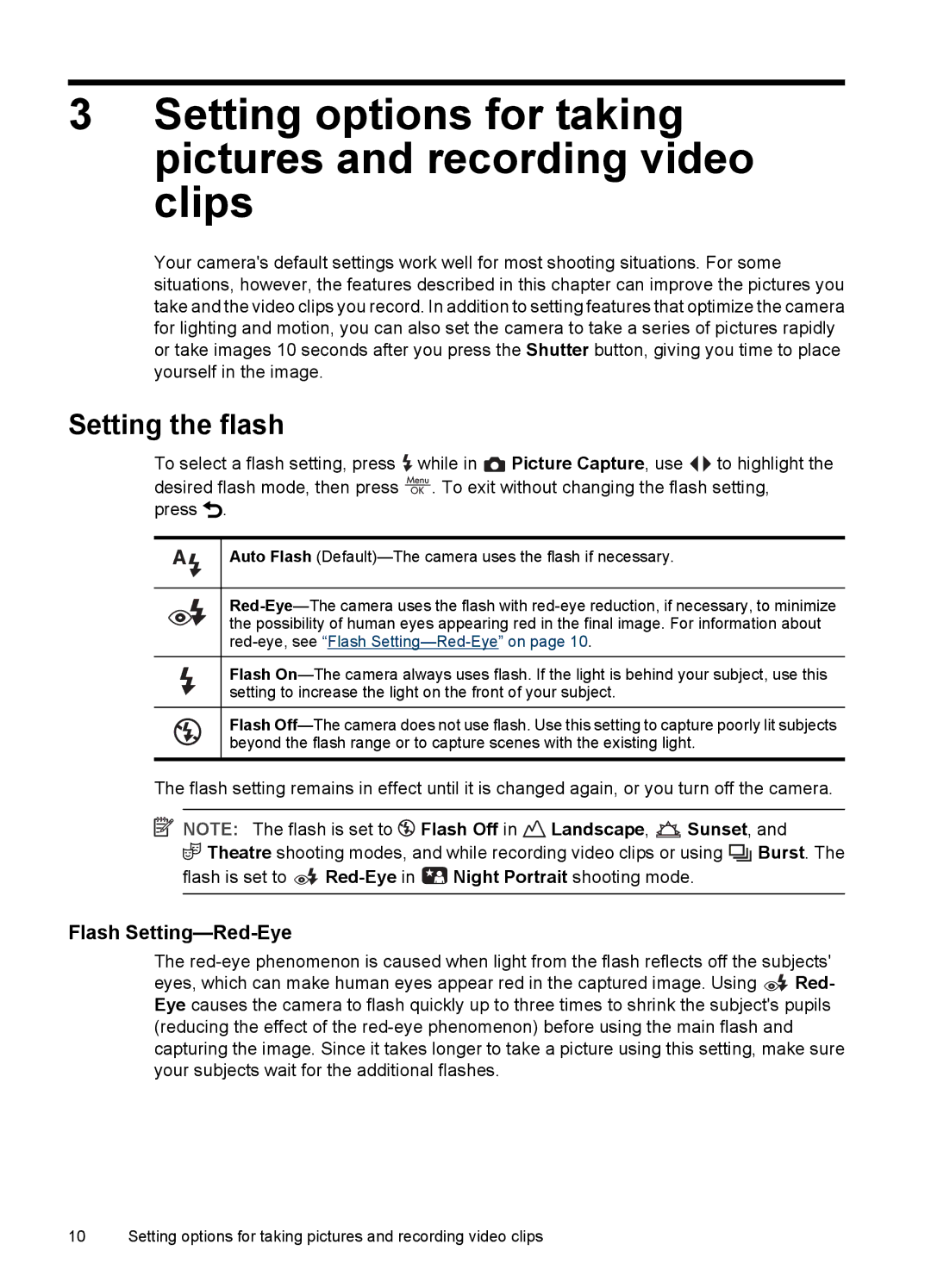 HP E330 manual Setting the flash, Flash Setting-Red-Eye, Picture Capture , use, Landscape Sunset, Burst 