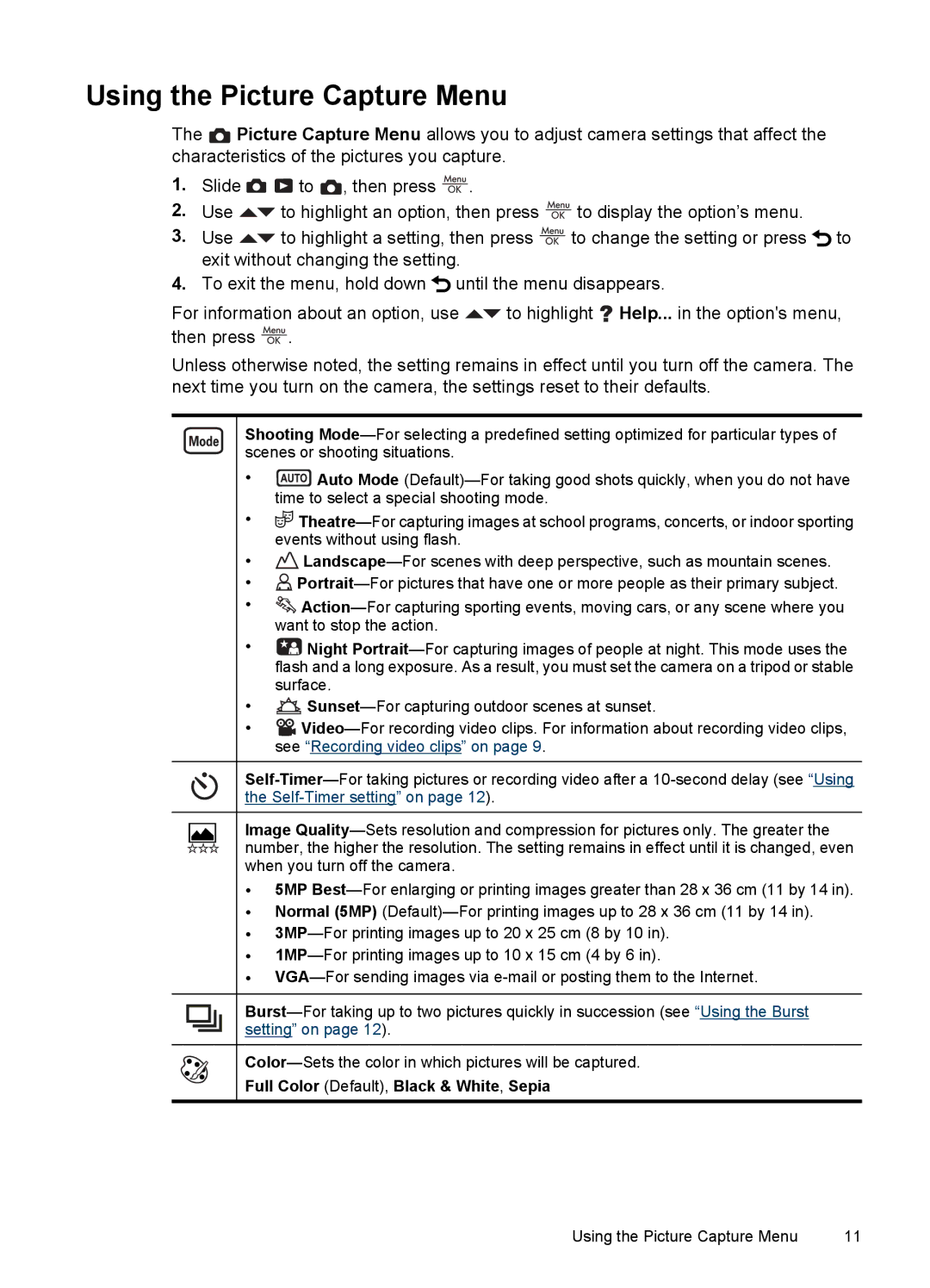 HP E330 manual Using the Picture Capture Menu, Full Color Default, Black & White, Sepia 