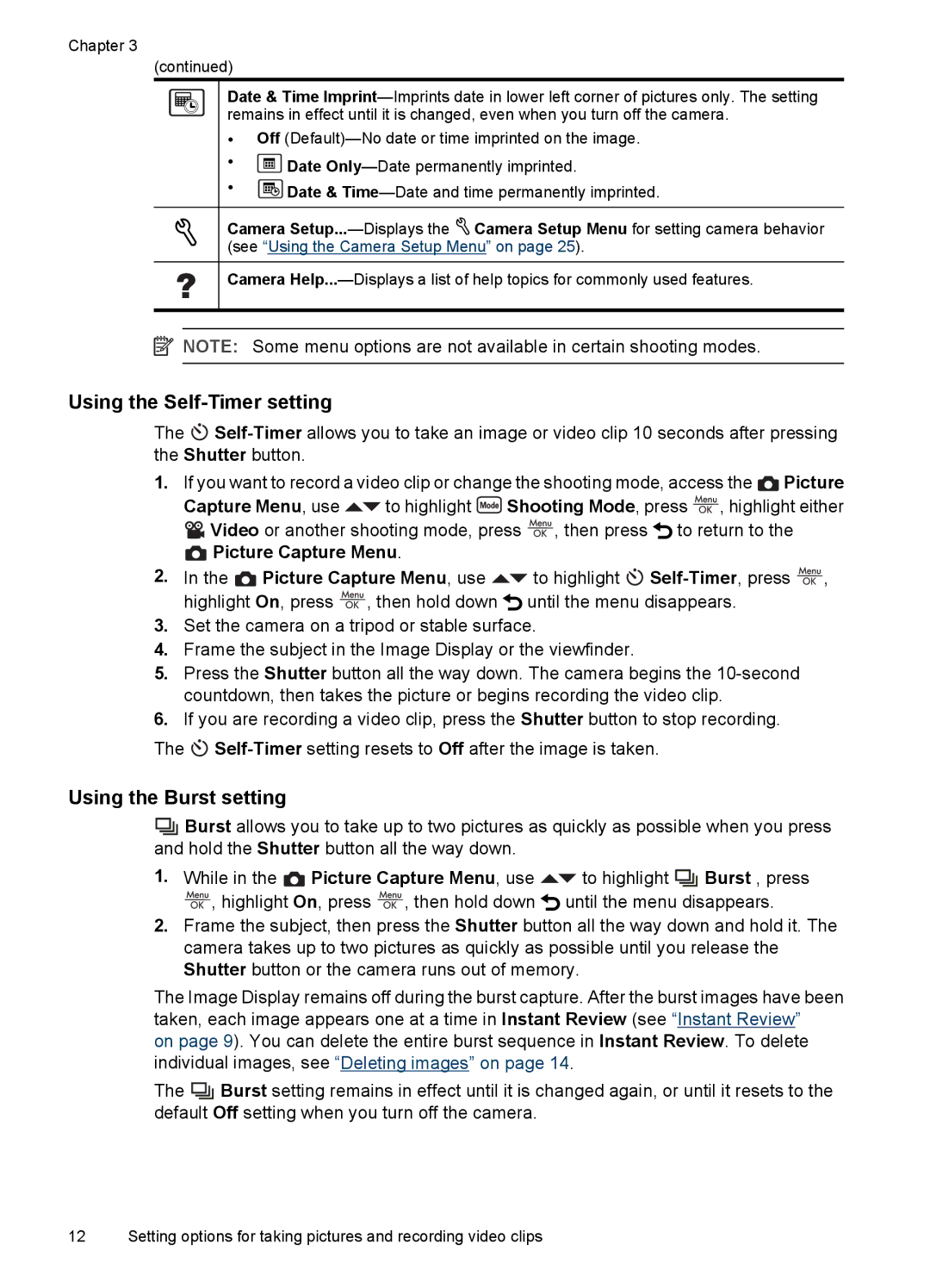 HP E330 manual Using the Self-Timer setting, Using the Burst setting, Picture Capture Menu 