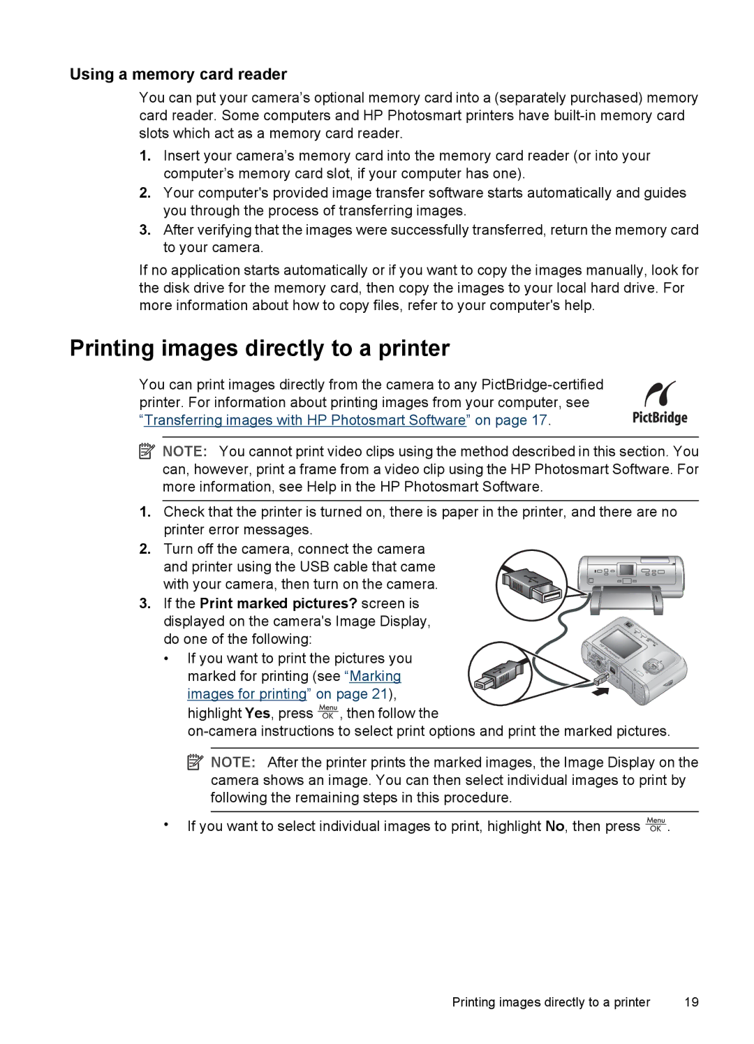 HP E330 manual Printing images directly to a printer, Using a memory card reader, If the Print marked pictures? screen is 