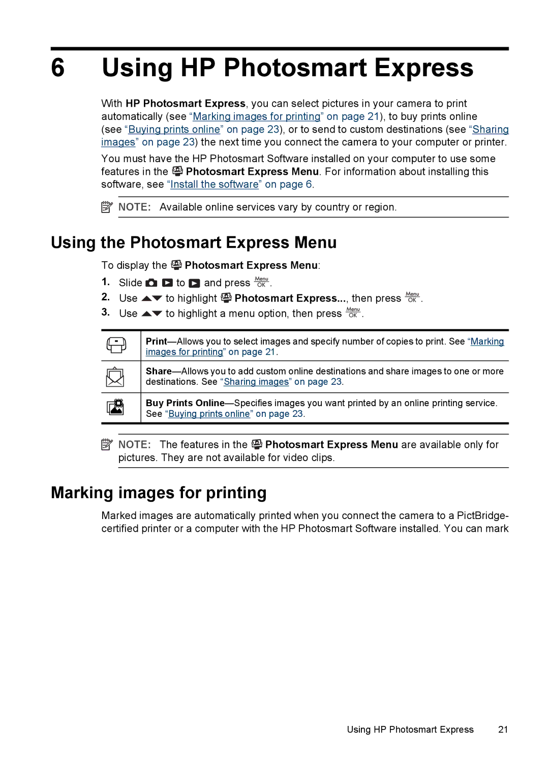 HP E330 manual Using HP Photosmart Express, Using the Photosmart Express Menu, Marking images for printing 