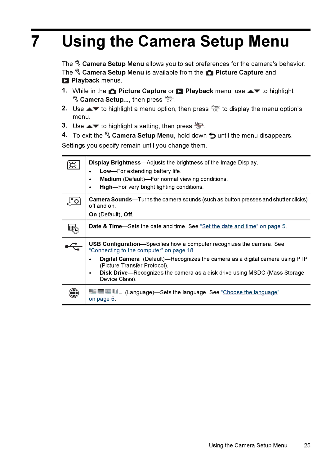 HP E330 manual Using the Camera Setup Menu, Playback menus 