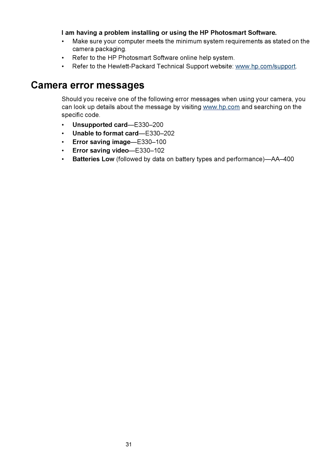 HP E330 manual Camera error messages 