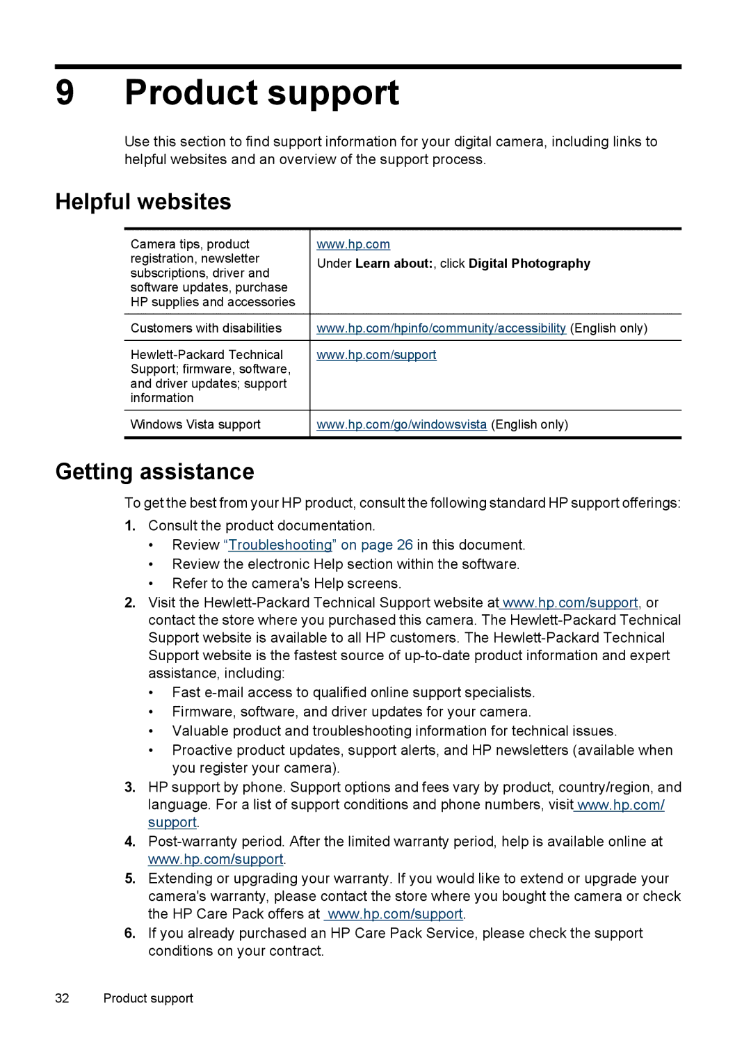 HP E330 manual Product support, Helpful websites, Getting assistance, Under Learn about , click Digital Photography 