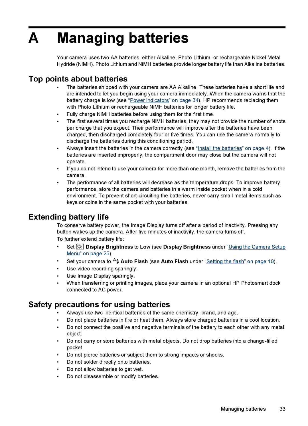 HP E330 manual Managing batteries, Top points about batteries 