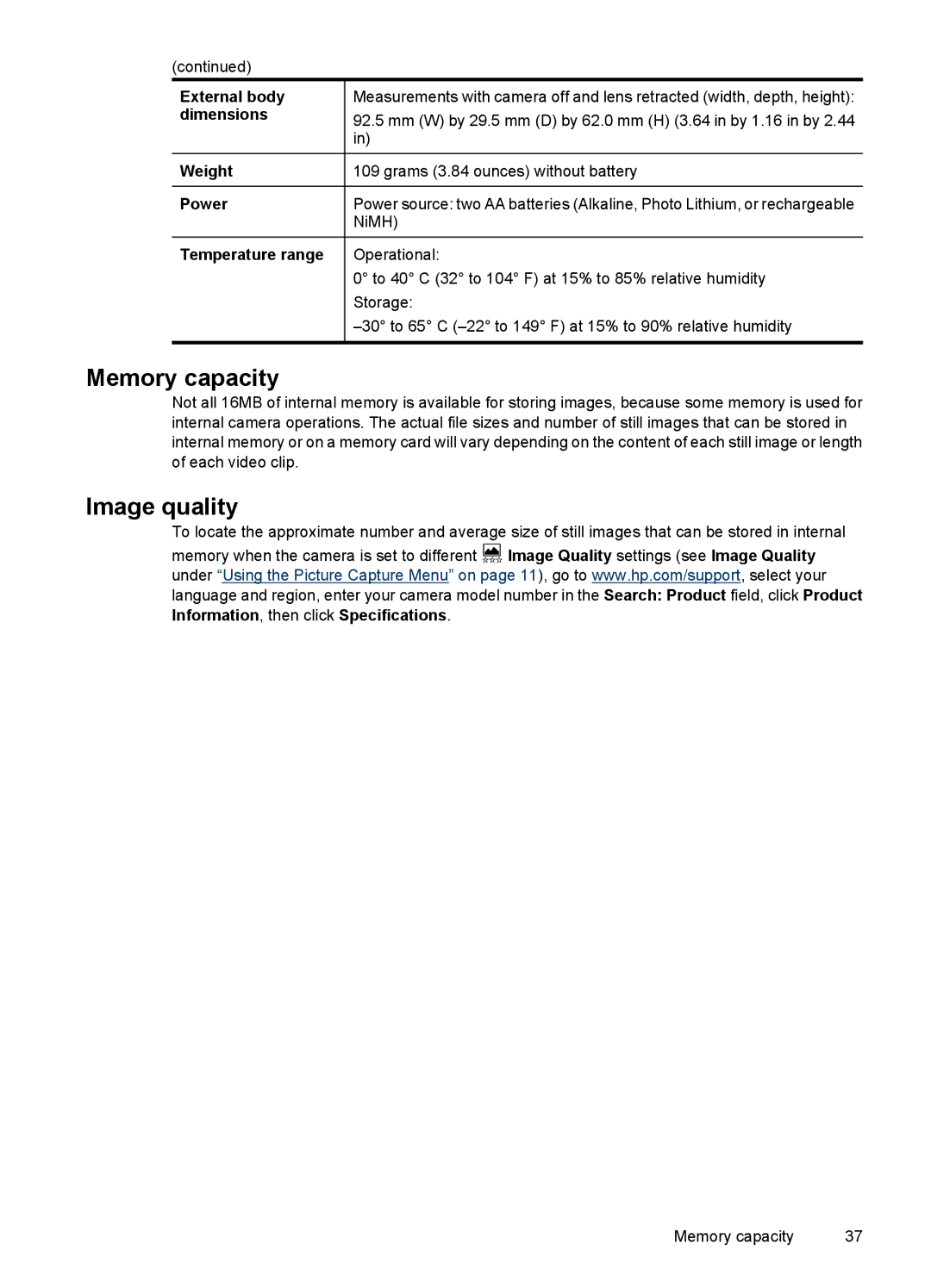 HP E330 manual External body, Dimensions, Weight, Power, Temperature range 