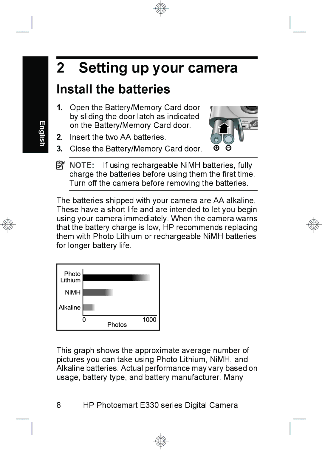 HP E330 manual Setting up your camera, Install the batteries 