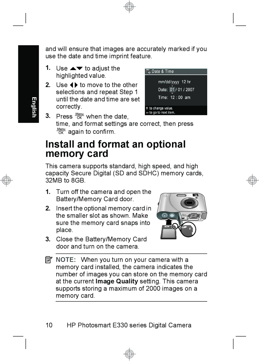 HP E330 manual Install and format an optional memory card 