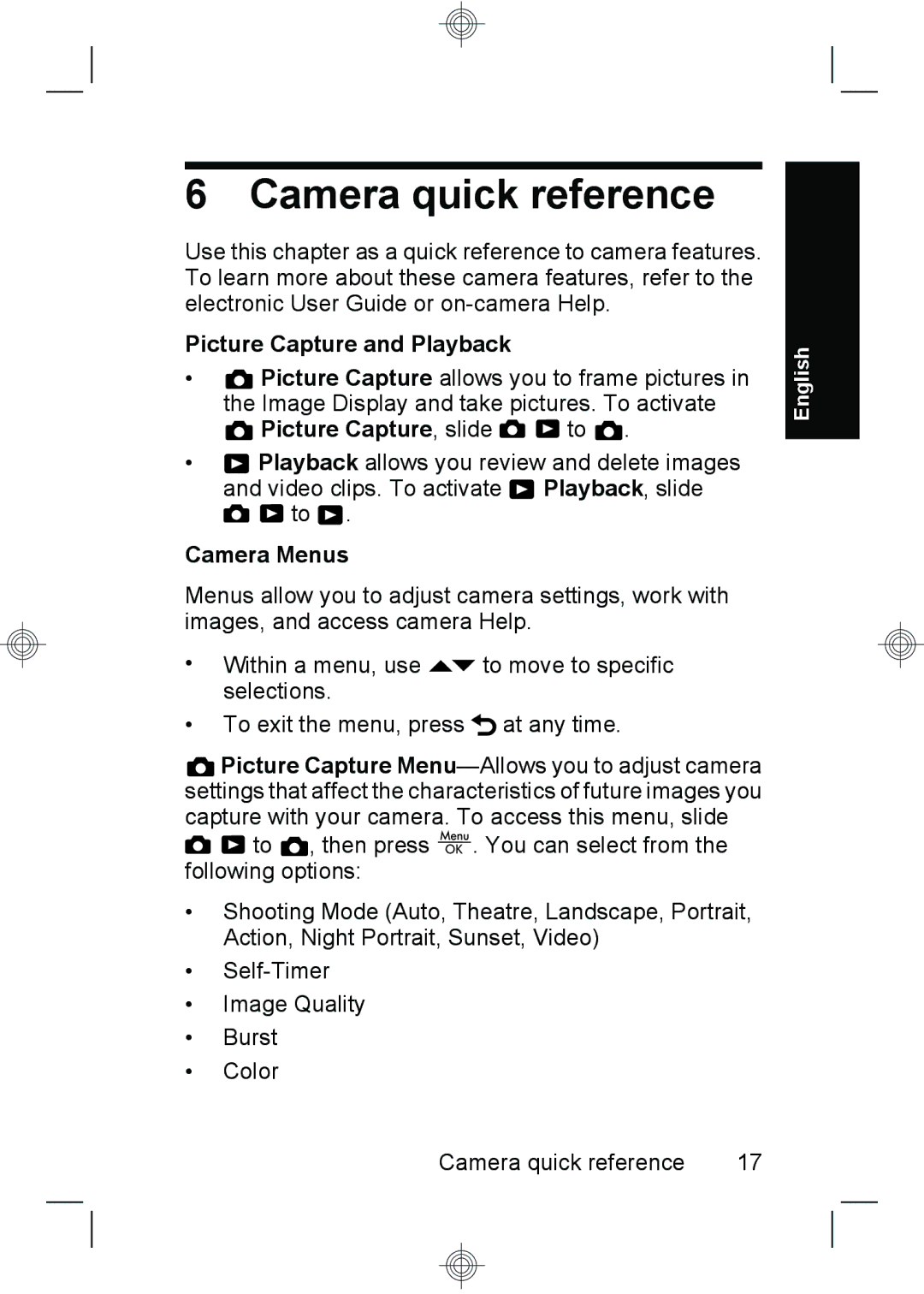 HP E330 manual Camera quick reference, Picture Capture and Playback, Picture Capture , slide, Camera Menus 