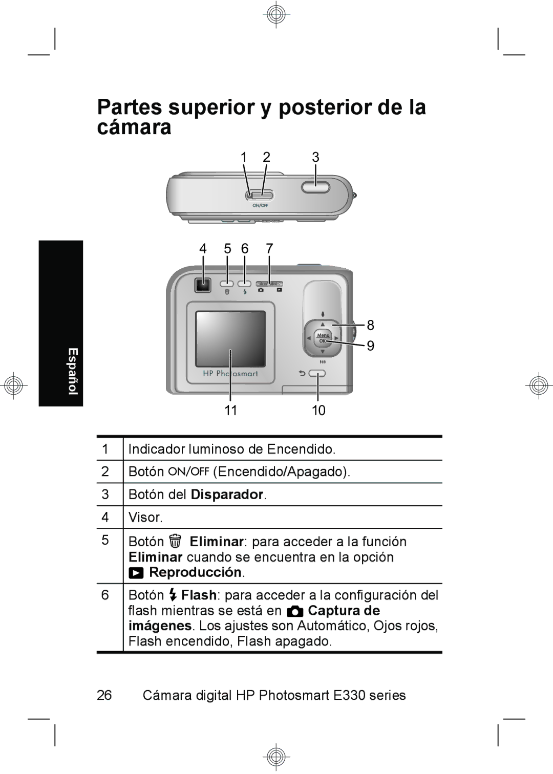 HP E330 manual Partes superior y posterior de la cámara 