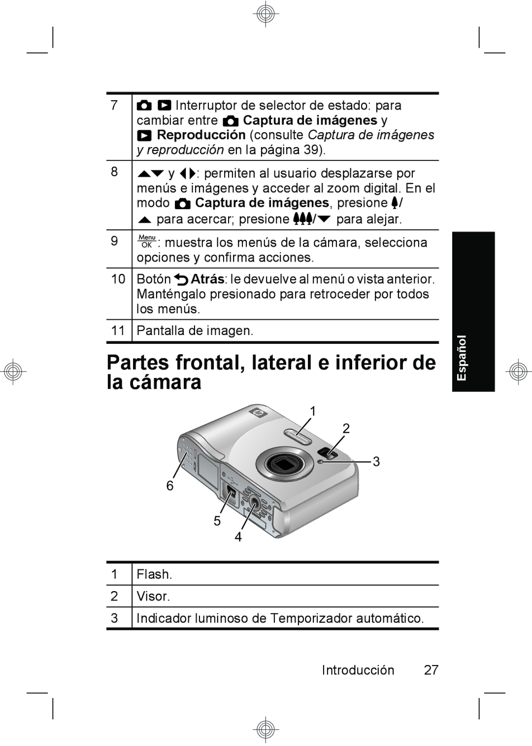 HP E330 manual Partes frontal, lateral e inferior de la cámara 